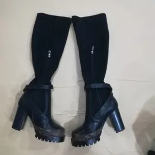 Louis Vuitton Run Away Black Suede and Leather Monogram Platform Knee Boots