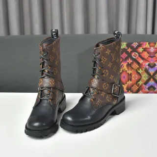 Louis Vuitton Run Away Brown Black Monogram Canvas Lace-Up Front Ankle Boots