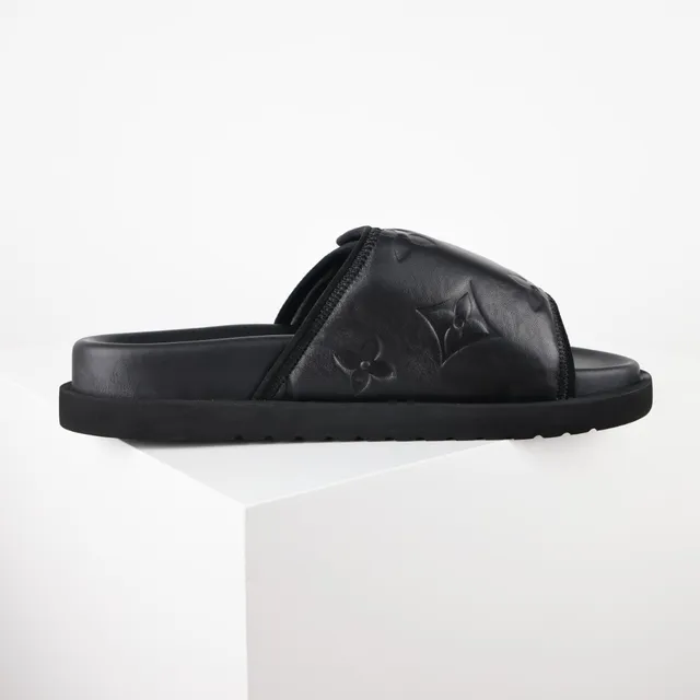 Louis Vuitton Run Away Slide Black Embossed Monogram Flower Slippers 7