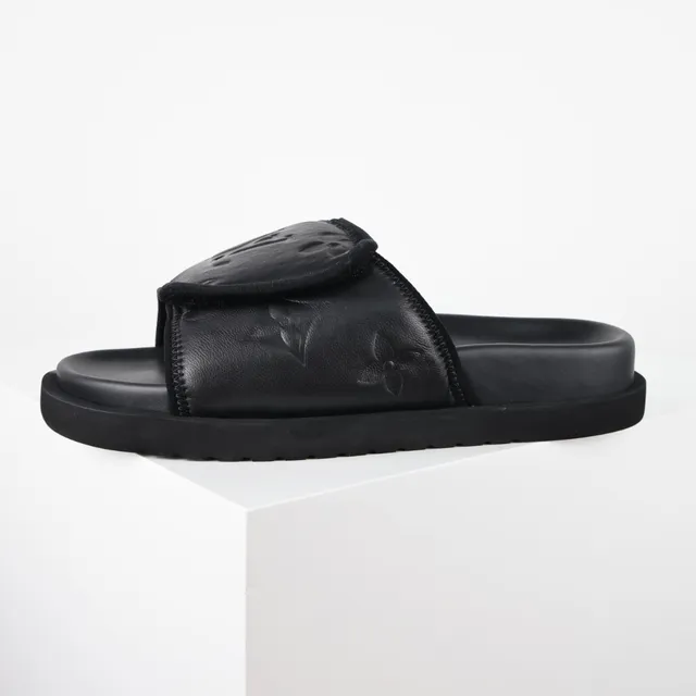 Louis Vuitton Run Away Slide Black Embossed Monogram Flower Slippers 9