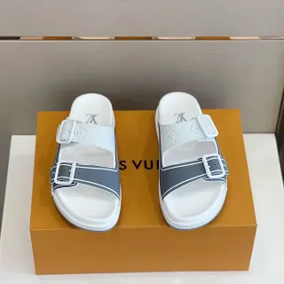Louis Vuitton Run Away White and Gray Buckle Strap Slippers