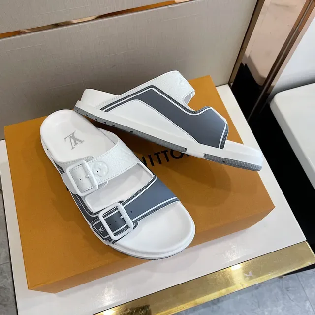 Louis Vuitton Run Away White and Gray Buckle Strap Slippers 2
