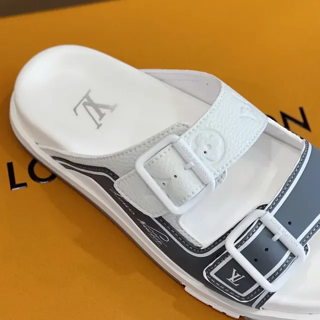 Louis Vuitton Run Away White and Gray Buckle Strap Slippers 4