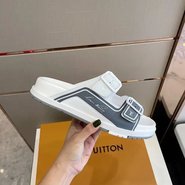 Louis Vuitton Run Away White and Gray Buckle Strap Slippers 6