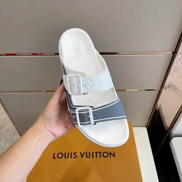 Louis Vuitton Run Away White and Gray Buckle Strap Slippers 7