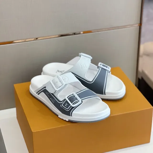 Louis Vuitton Run Away White and Gray Buckle Strap Slippers 8
