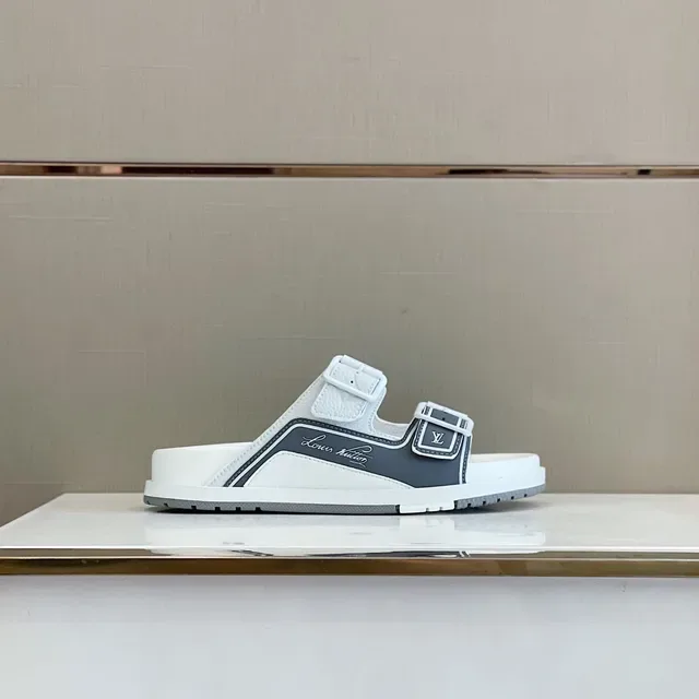 Louis Vuitton Run Away White and Gray Buckle Strap Slippers 9