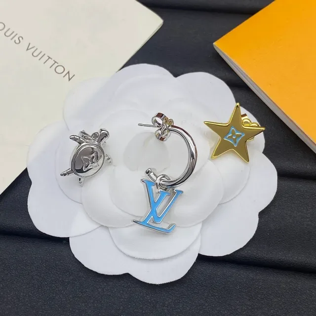 Louis Vuitton Silver Blue Asymmetrical Charm Set Enamel-Accented Earrings 6