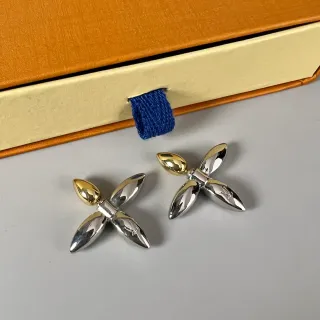 Louis Vuitton Silver Gold Polished Metallic Flower-Shaped Studs Two-Tone Earrings