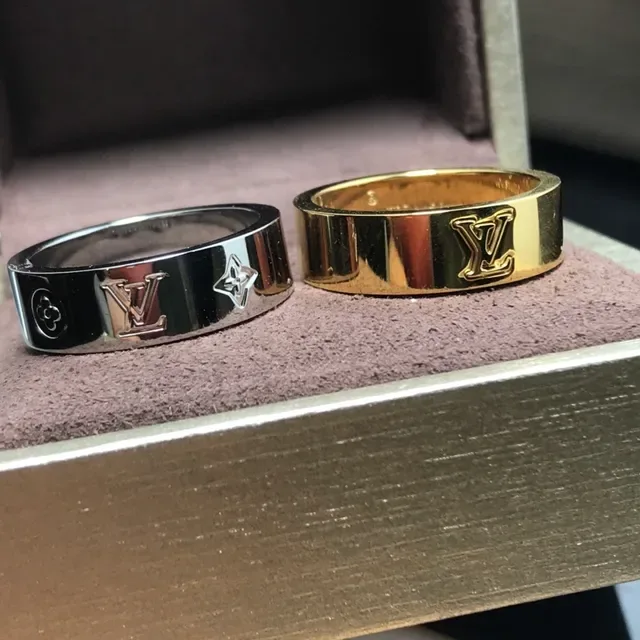 Louis Vuitton Silver Gold Wide Band Engraved Monogram Ring 2
