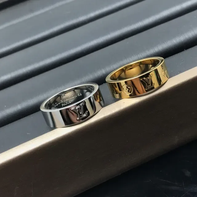 Louis Vuitton Silver Gold Wide Band Engraved Monogram Ring 3