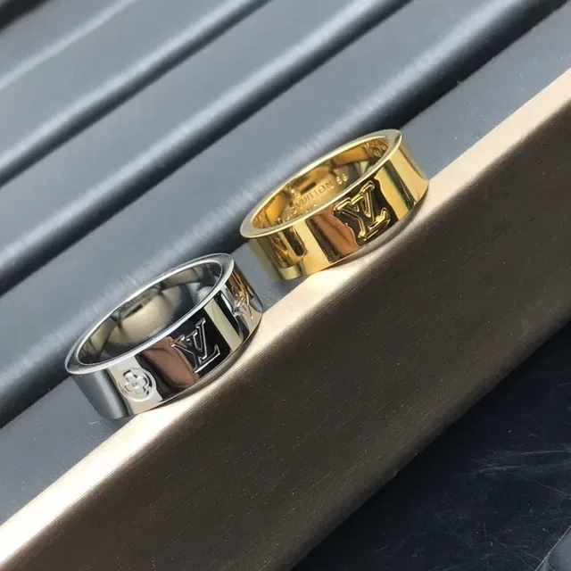 Louis Vuitton Silver Gold Wide Band Engraved Monogram Ring 4