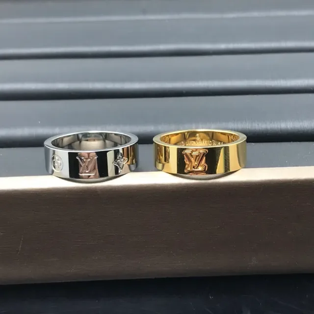 Louis Vuitton Silver Gold Wide Band Engraved Monogram Ring 5