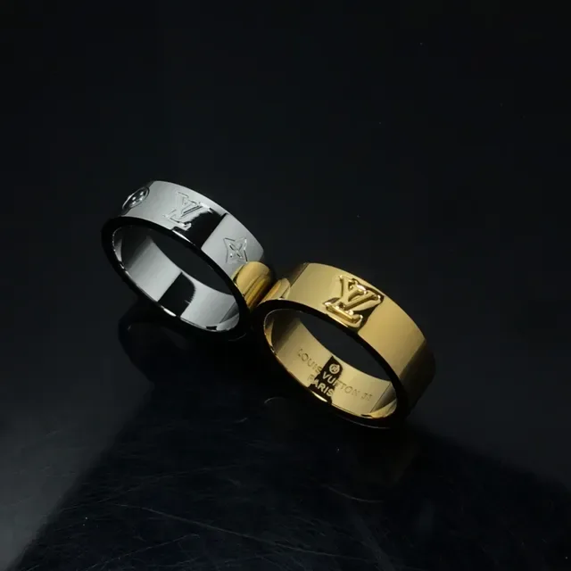 Louis Vuitton Silver Gold Wide Band Engraved Monogram Ring 6