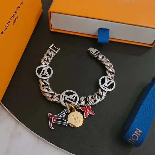 Louis Vuitton Silver Multicolor Chunky Curb Chain Multi-Charm Bracelet 3