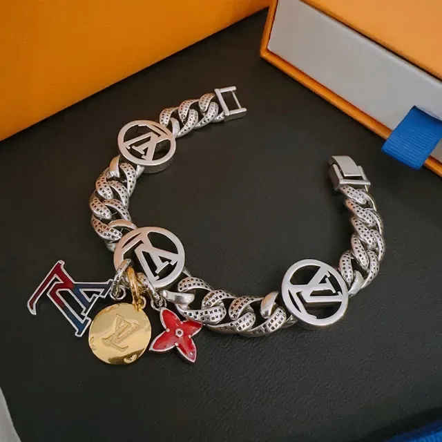Louis Vuitton Silver Multicolor Chunky Curb Chain Multi-Charm Bracelet 6