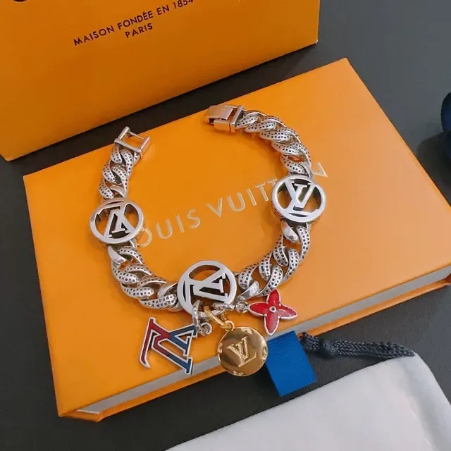 Louis Vuitton Silver Multicolor Chunky Curb Chain Multi-Charm Bracelet 9