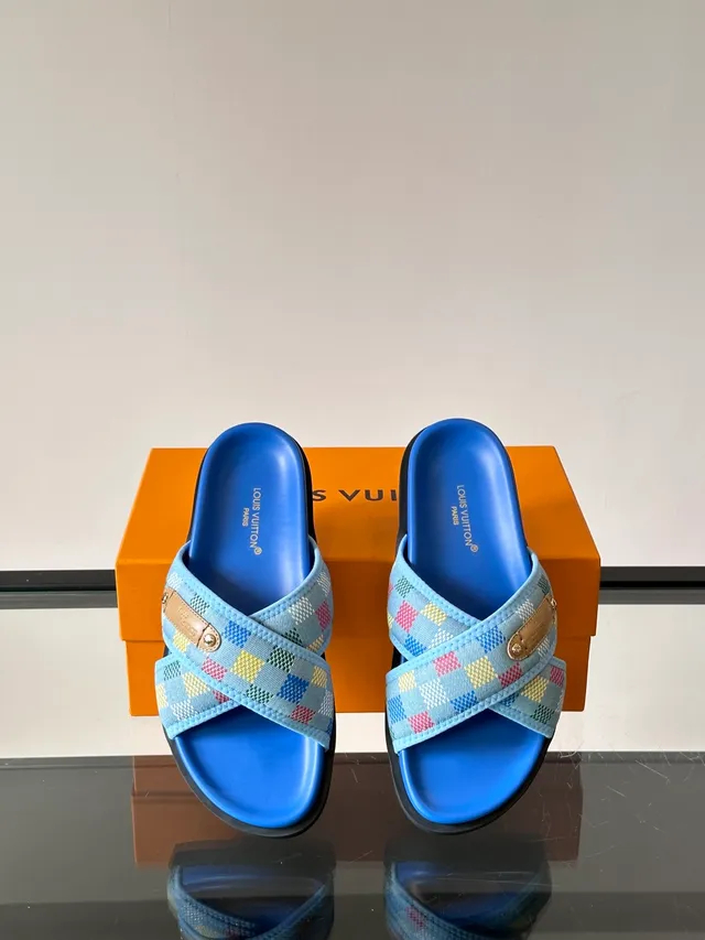 Louis Vuitton Slide Multicolor Check Blue Rubber Slippers 3