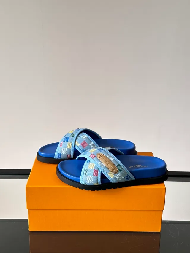 Louis Vuitton Slide Multicolor Check Blue Rubber Slippers 4