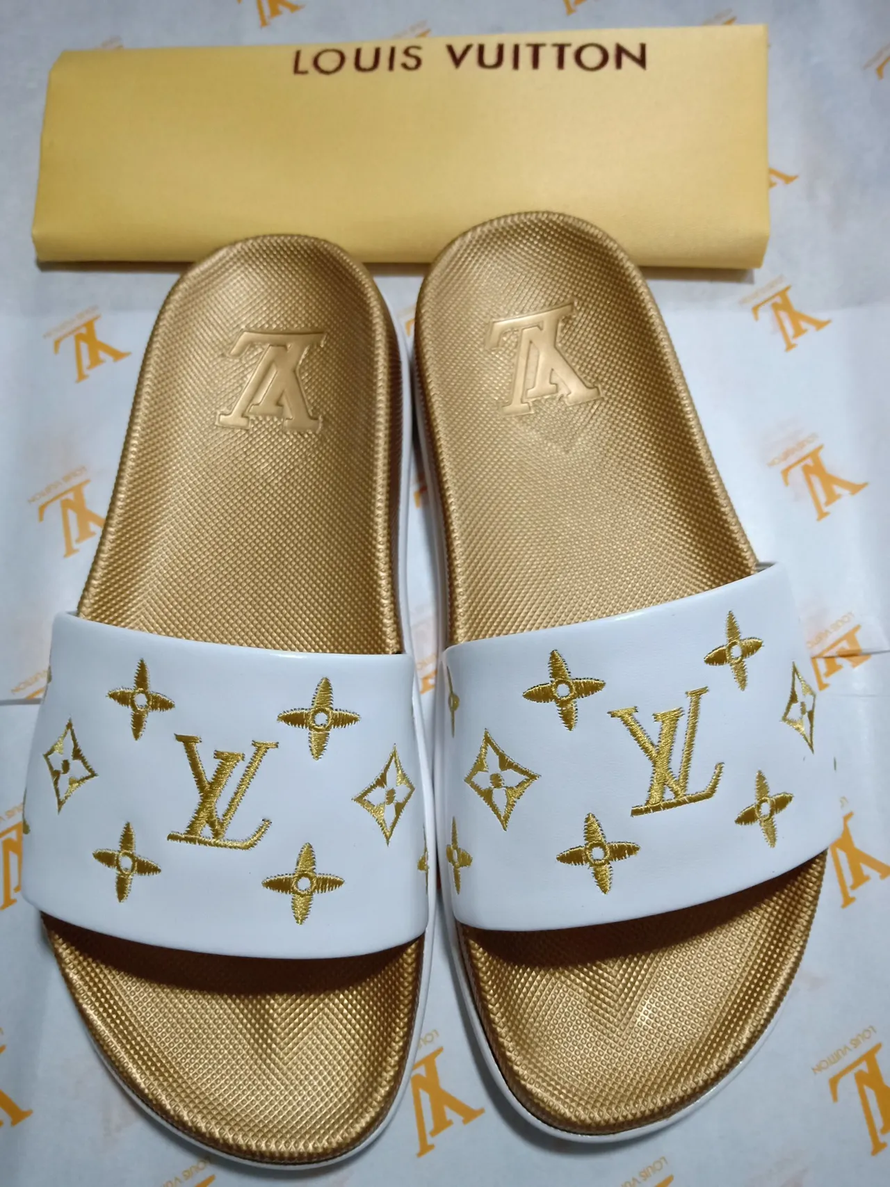 Louis Vuitton Slide White Gold Monogrammed Strap Textured Sole Slippers 2