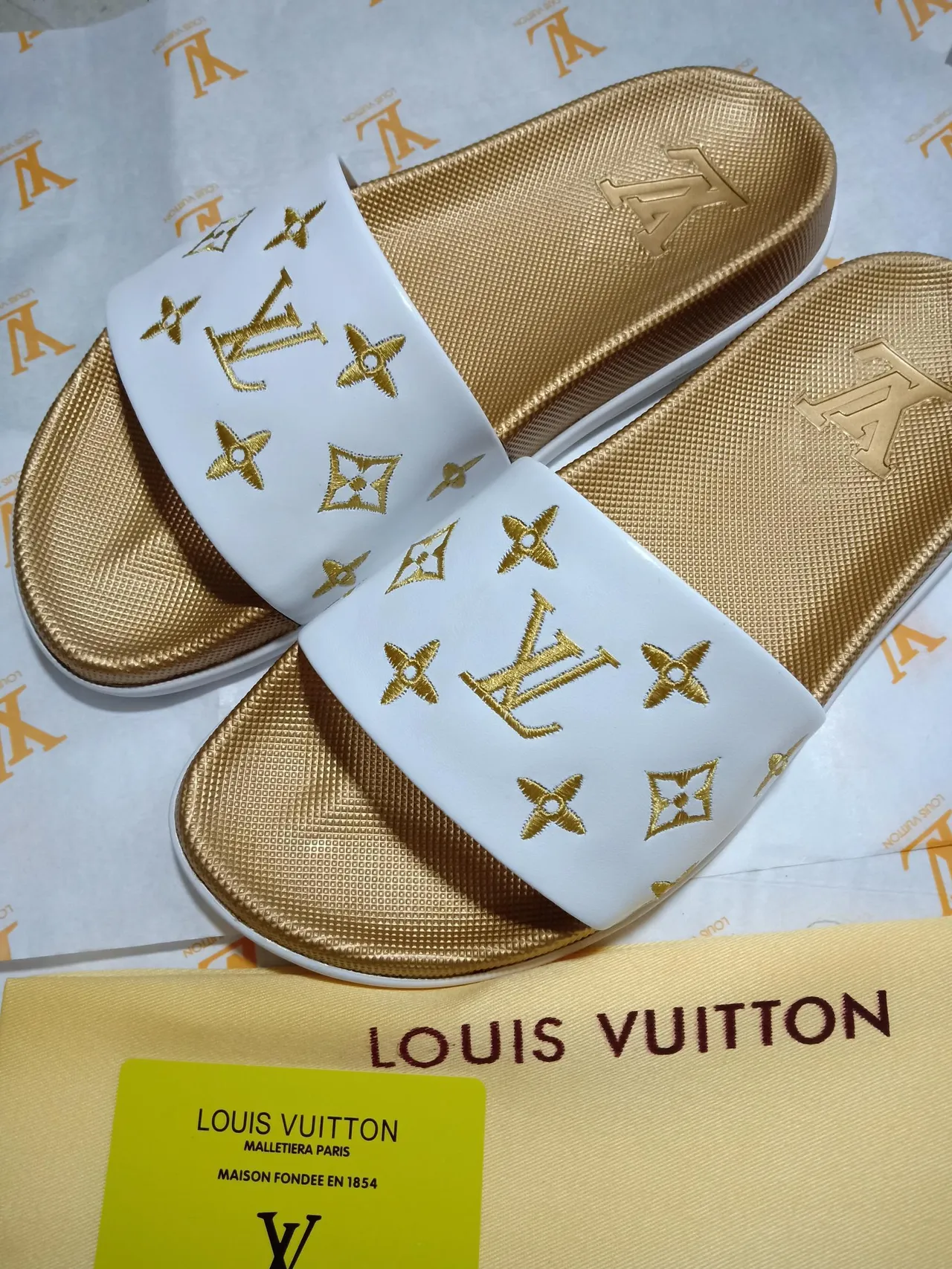 Louis Vuitton Slide White Gold Monogrammed Strap Textured Sole Slippers 3