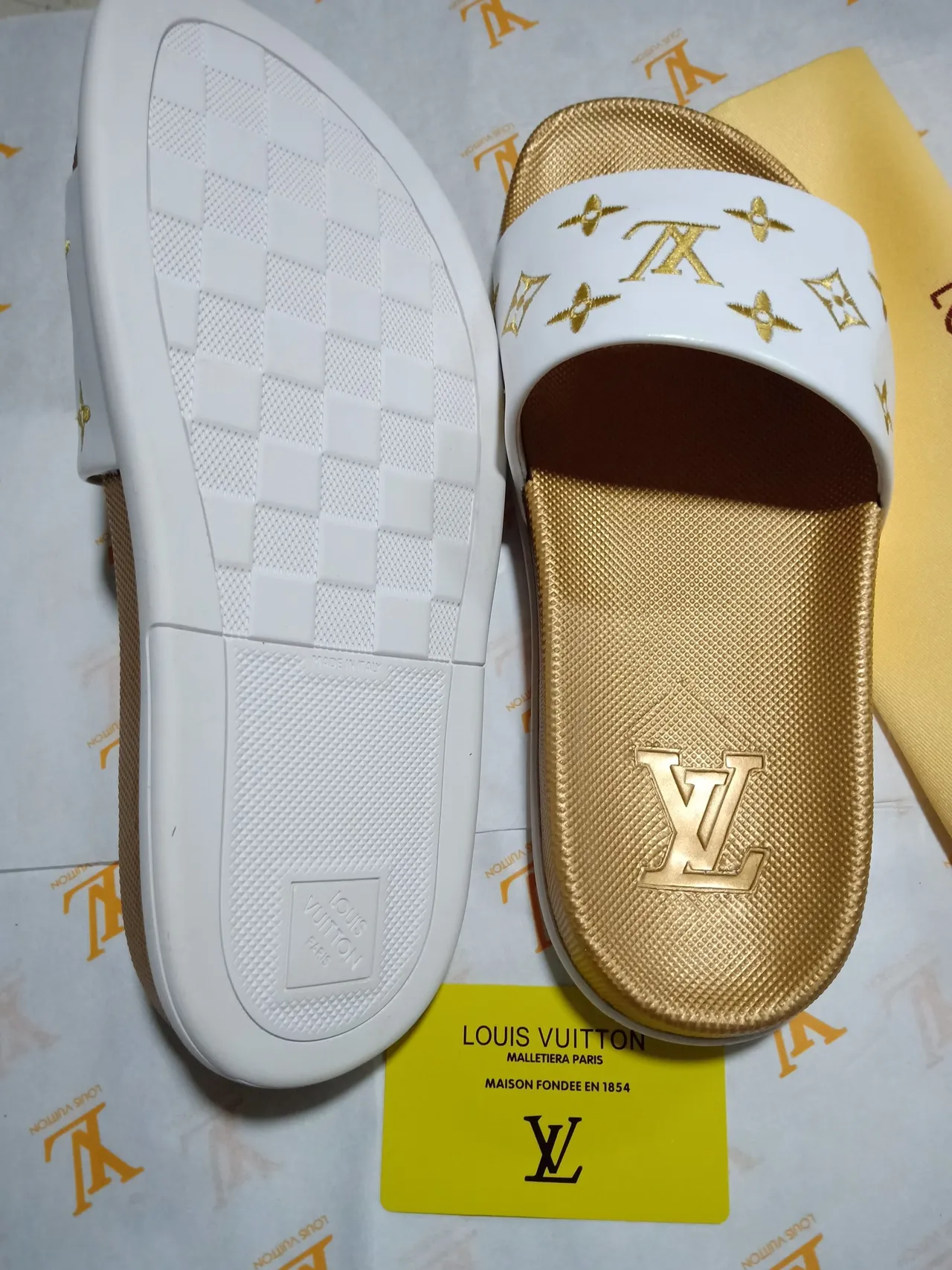 Louis Vuitton Slide White Gold Monogrammed Strap Textured Sole Slippers 4