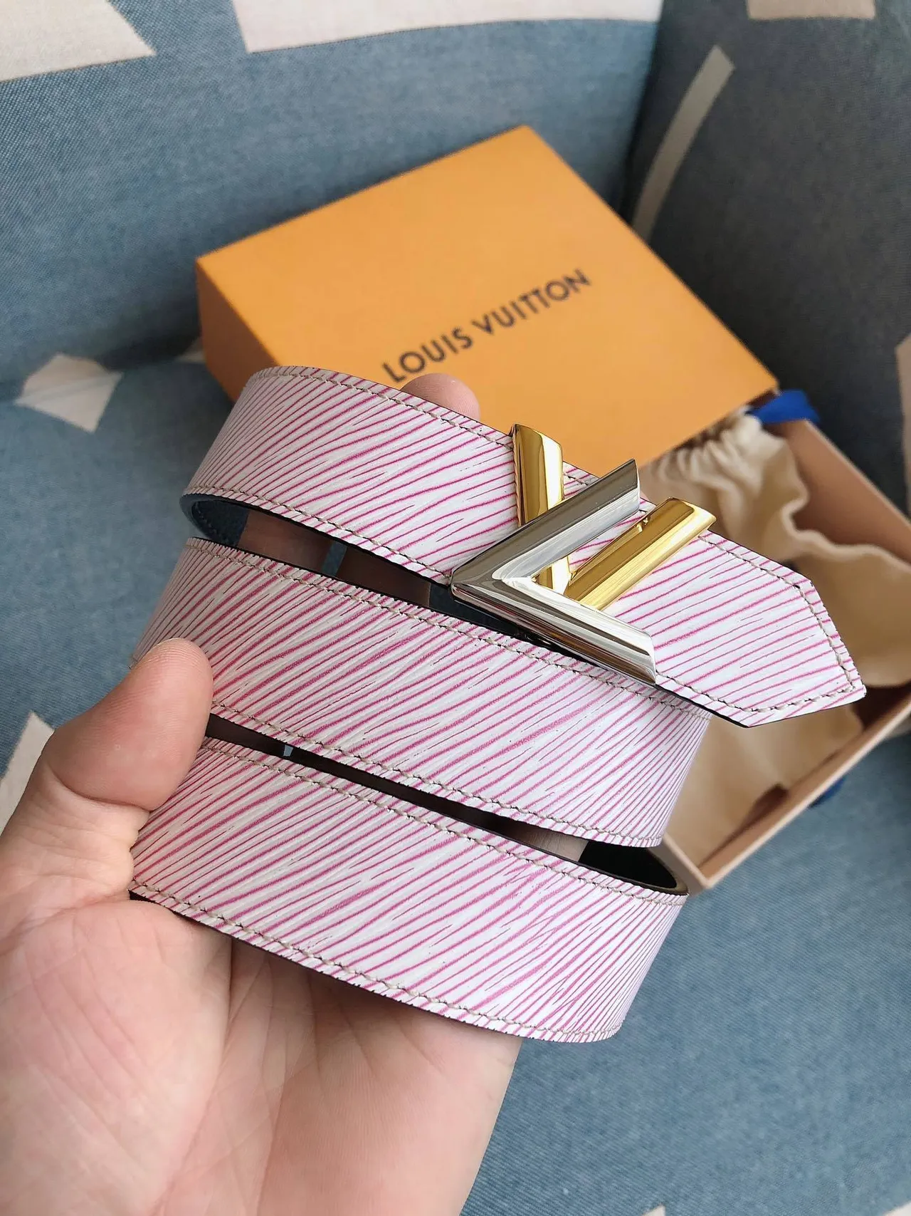 Louis Vuitton Striped Pink and White Leather Belt 2