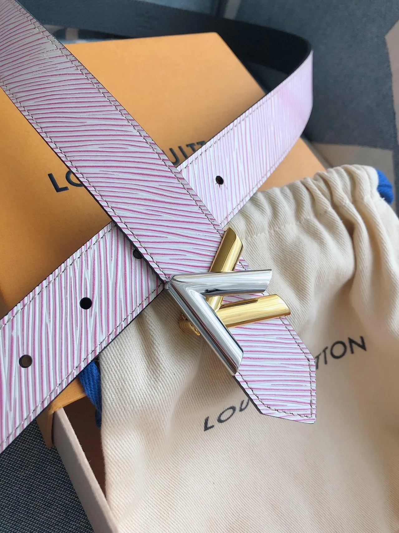Louis Vuitton Striped Pink and White Leather Belt 3
