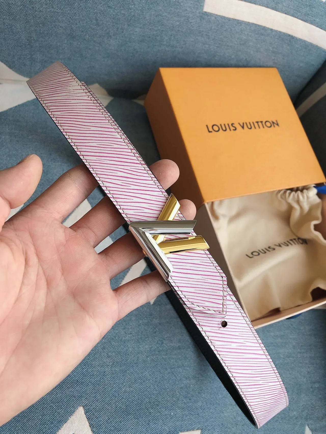 Louis Vuitton Striped Pink and White Leather Belt 4