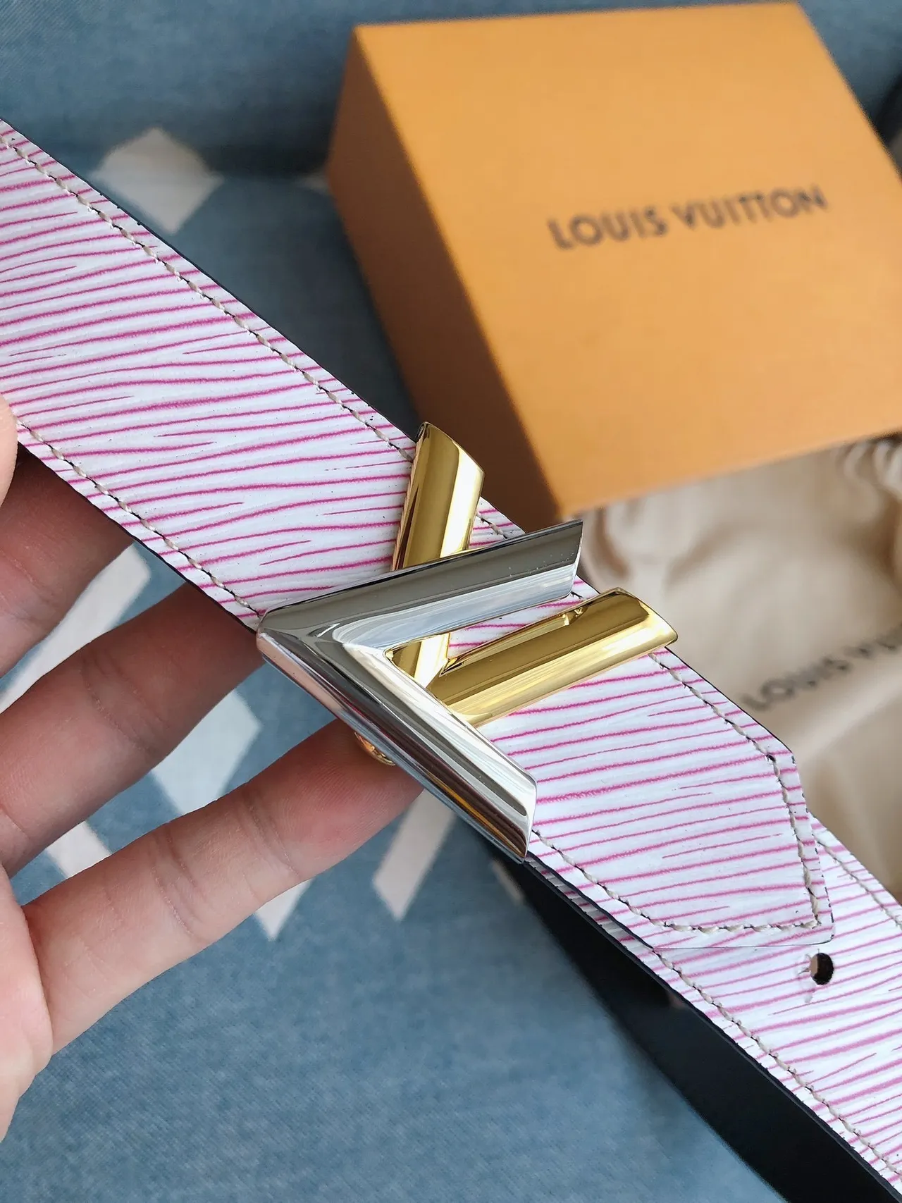 Louis Vuitton Striped Pink and White Leather Belt 9