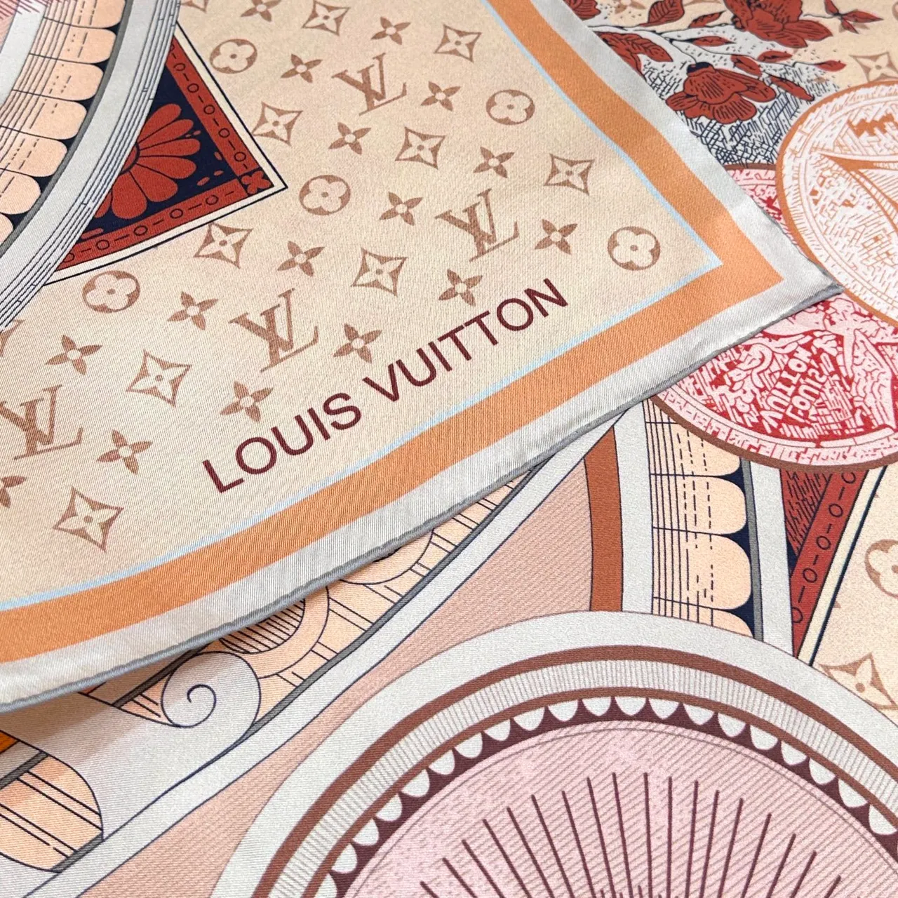 Louis Vuitton Vintage Graphic Print Beige and Orange Silk Scarf 6