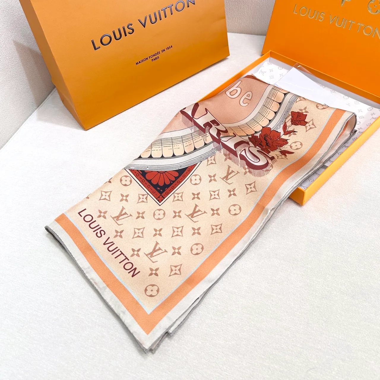Louis Vuitton Vintage Graphic Print Beige and Orange Silk Scarf 2