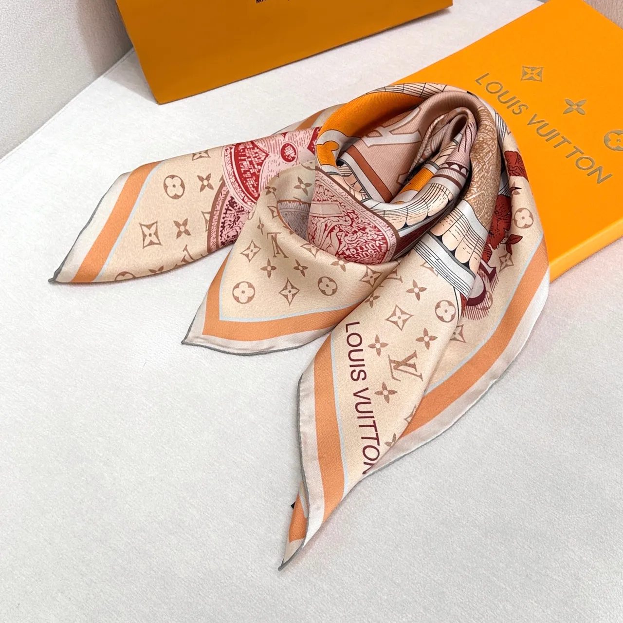 Louis Vuitton Vintage Graphic Print Beige and Orange Silk Scarf 3