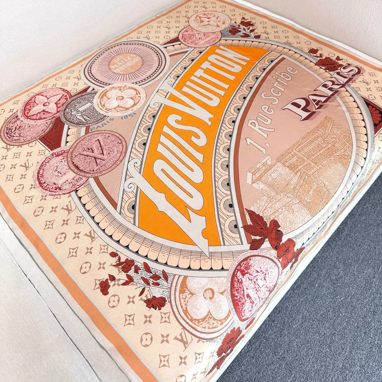 Louis Vuitton Vintage Graphic Print Beige and Orange Silk Scarf 7