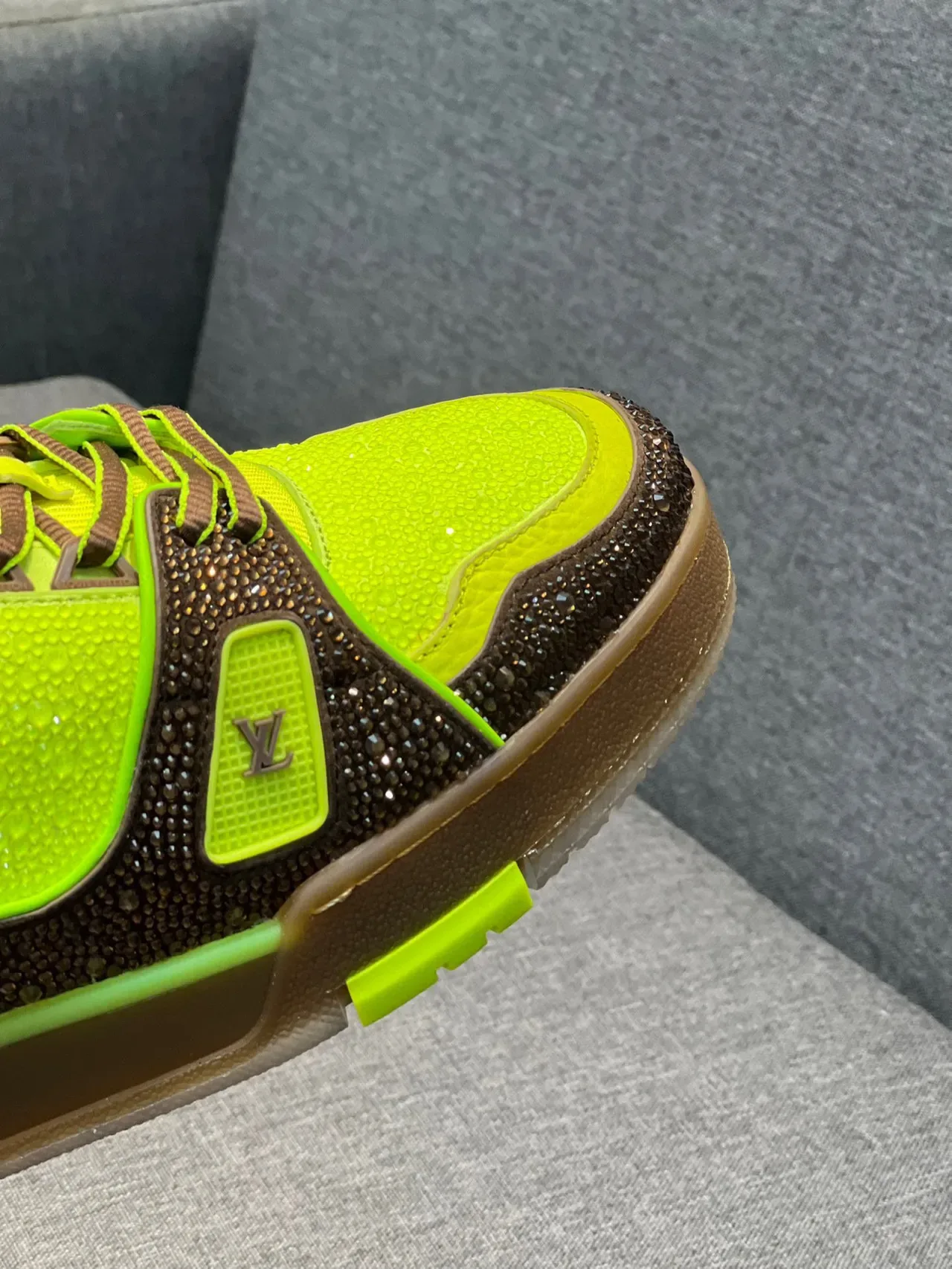 Louis Vuitton Yellow Brown Crystal-Embellished Neon Lime And Contrast Lifestyle Sneakers 3