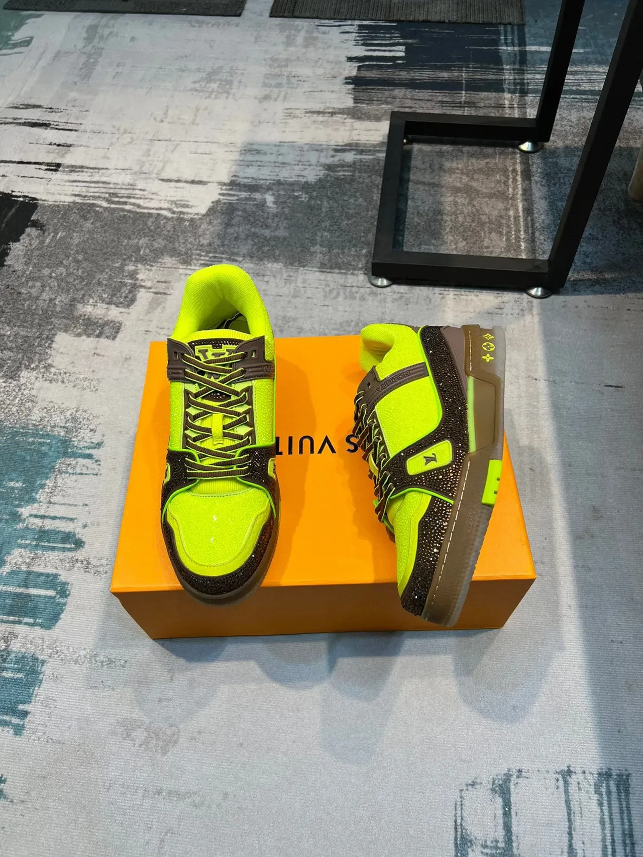 Louis Vuitton Yellow Brown Crystal-Embellished Neon Lime And Contrast Lifestyle Sneakers 4
