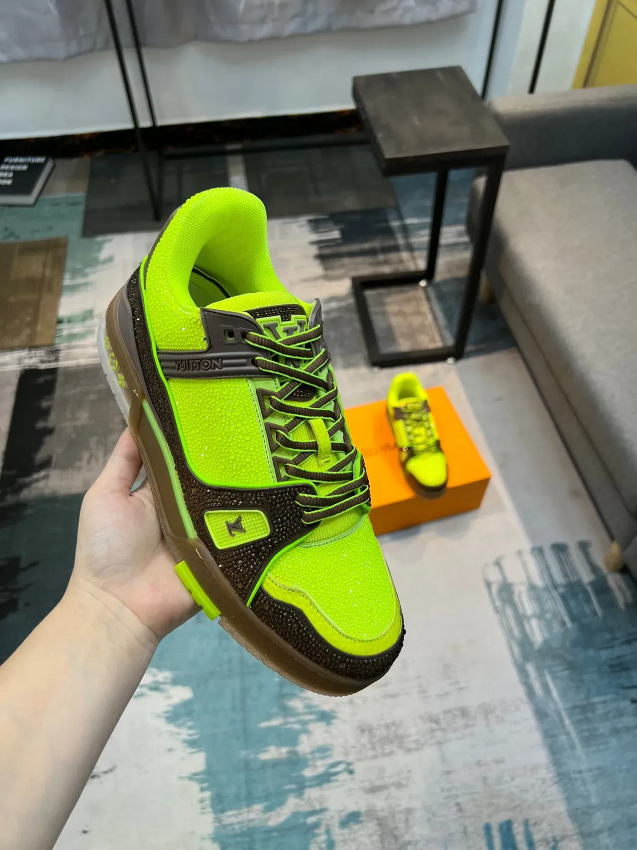 Louis Vuitton Yellow Brown Crystal-Embellished Neon Lime And Contrast Lifestyle Sneakers 6