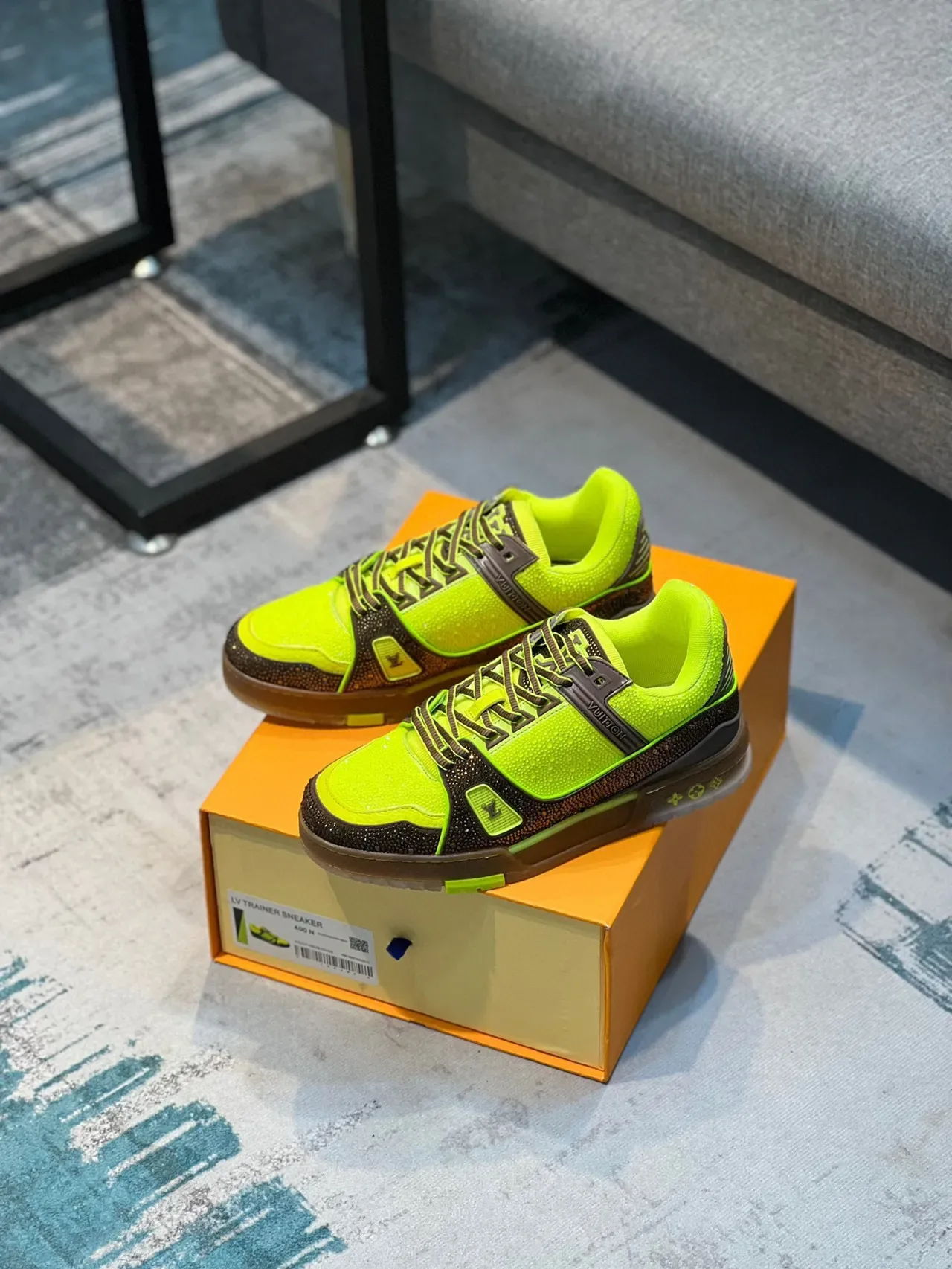 Louis Vuitton Yellow Brown Crystal-Embellished Neon Lime And Contrast Lifestyle Sneakers 7