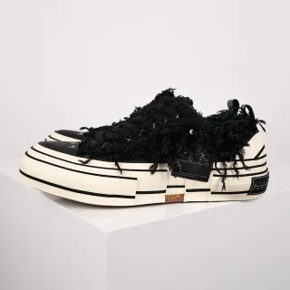 Maison Margiela Black Beige Frayed Textile Upper Striped Layered Platform Sole Lifestyle Sneakers