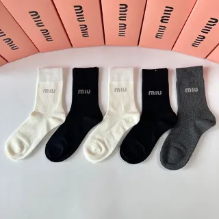 Miu Miu Ribbed Knit Logo Crew Socks