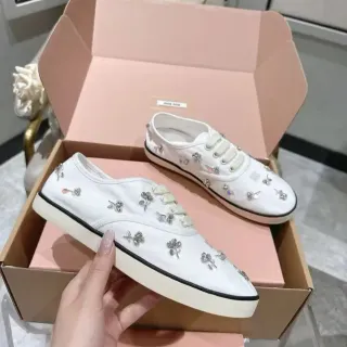 Miu Miu Wander White Black Embellished Floral Metal Studs Canvas Shoes