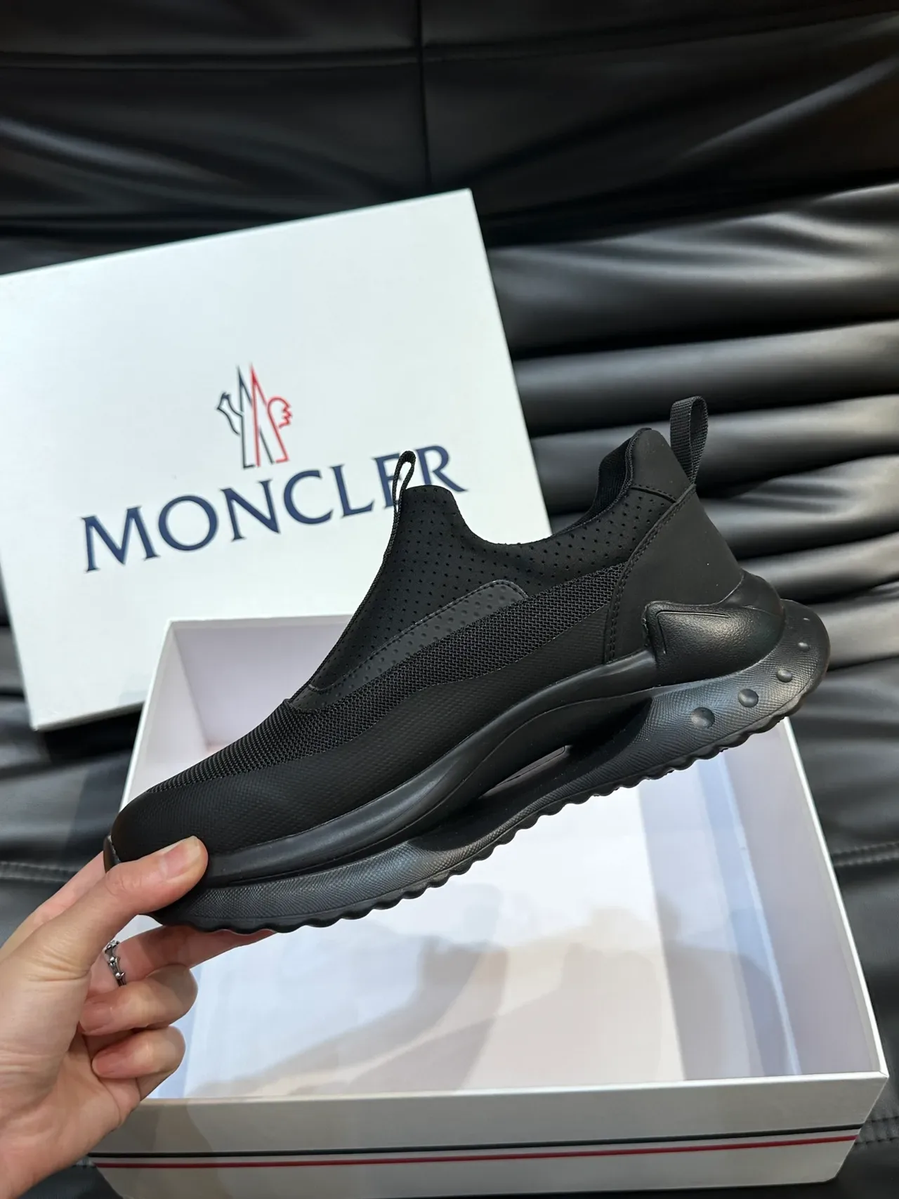 Moncler Black Slip-On Perforated Mesh Sneakers 4