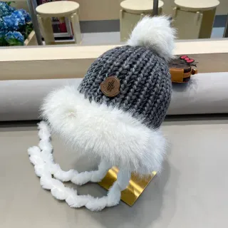Moncler Gray White Chunky Knit Fur-Trimmed Ear Flaps Beanie