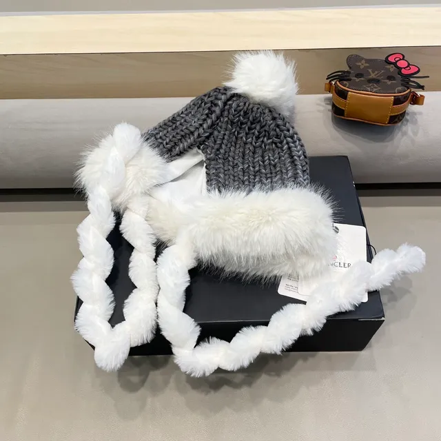 Moncler Gris Blanc Tricot épais Bordé de fourrure Oreillettes Bonnet 6