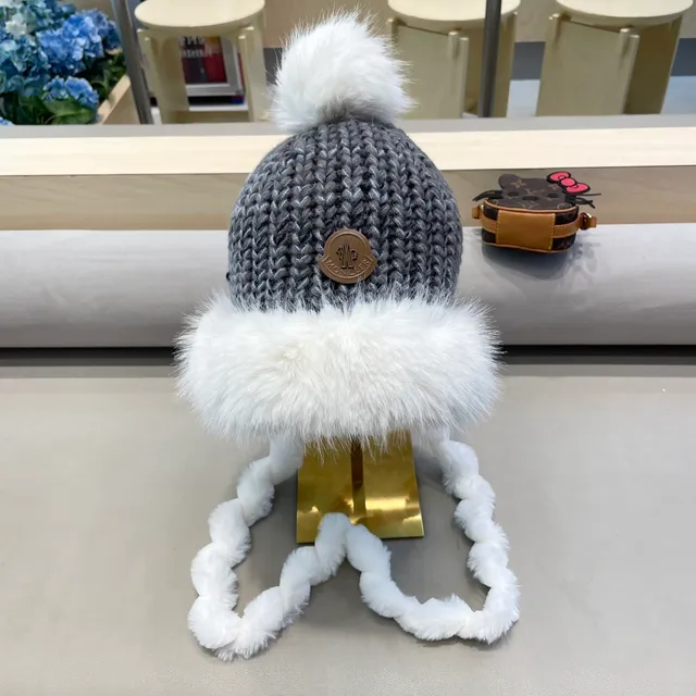 Moncler Gris Blanc Tricot épais Bordé de fourrure Oreillettes Bonnet 9