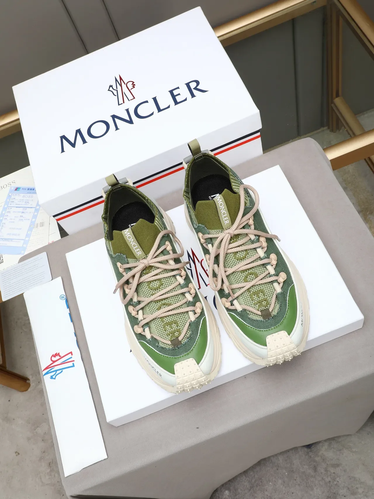 Moncler Green Beige Knit Upper Vibram Lugged Sole Chunky Sneakers 3