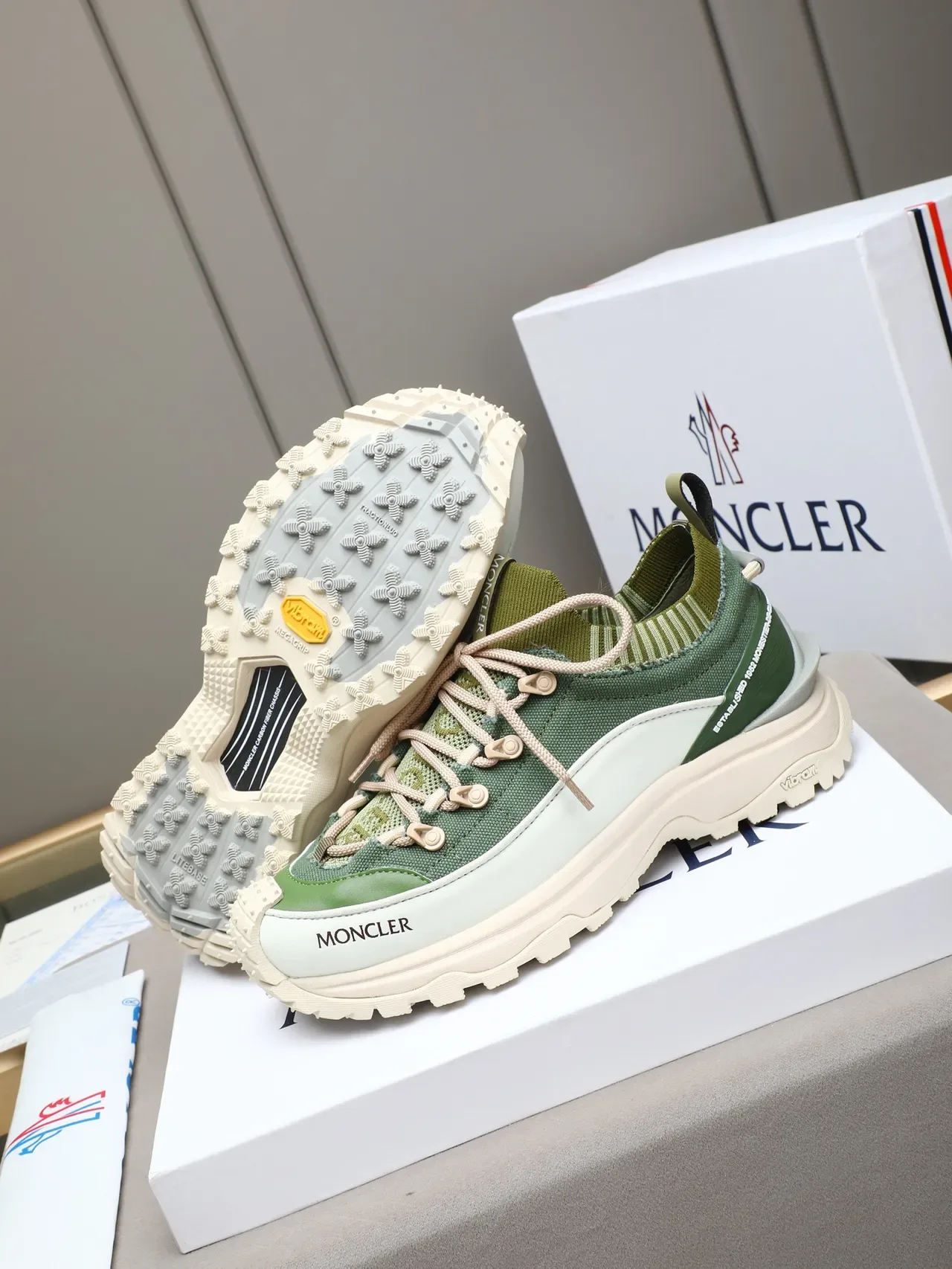 Moncler Green Beige Knit Upper Vibram Lugged Sole Chunky Sneakers 4