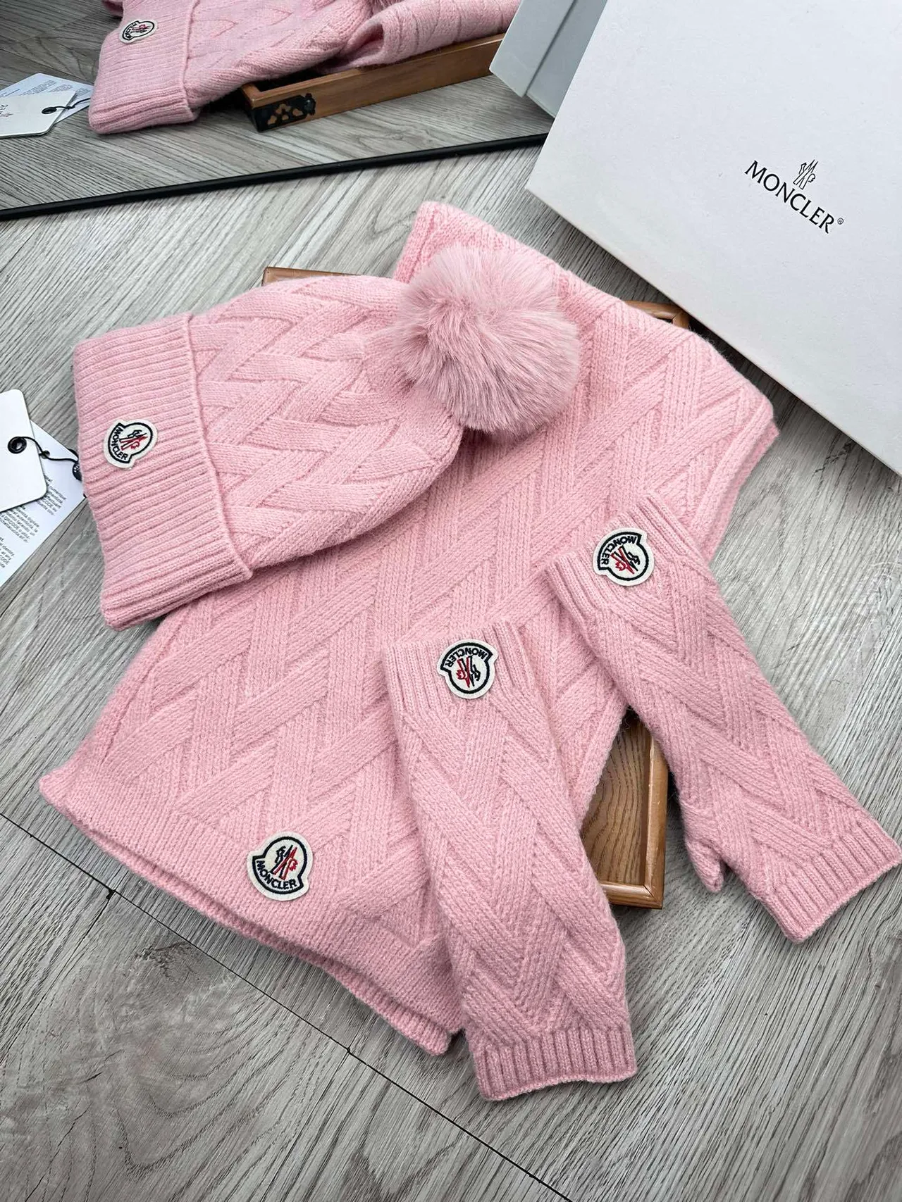Moncler Pink Cable-Knit Pom-Pom Beanie 4