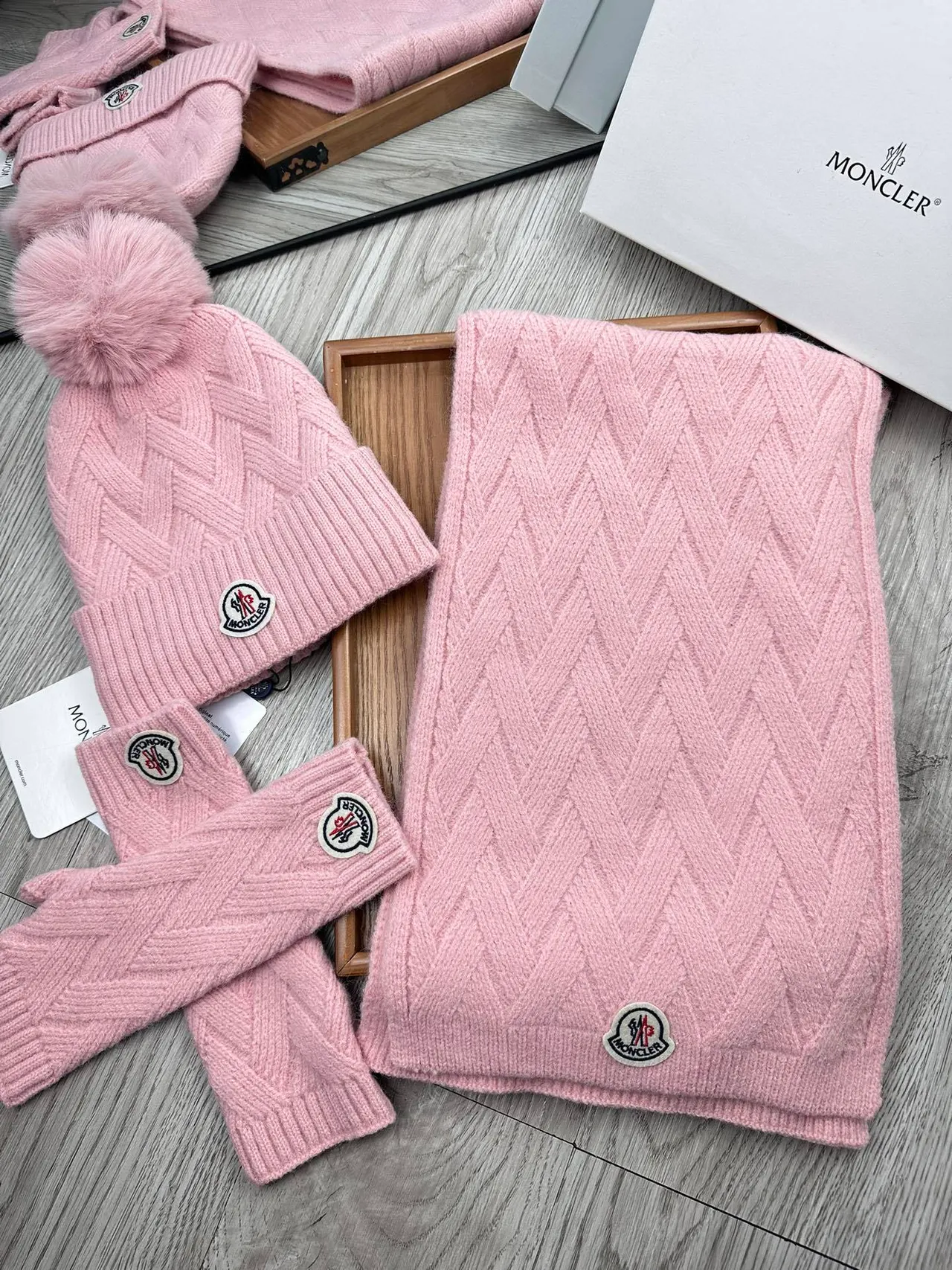 Moncler Pink Cable-Knit Pom-Pom Beanie 5