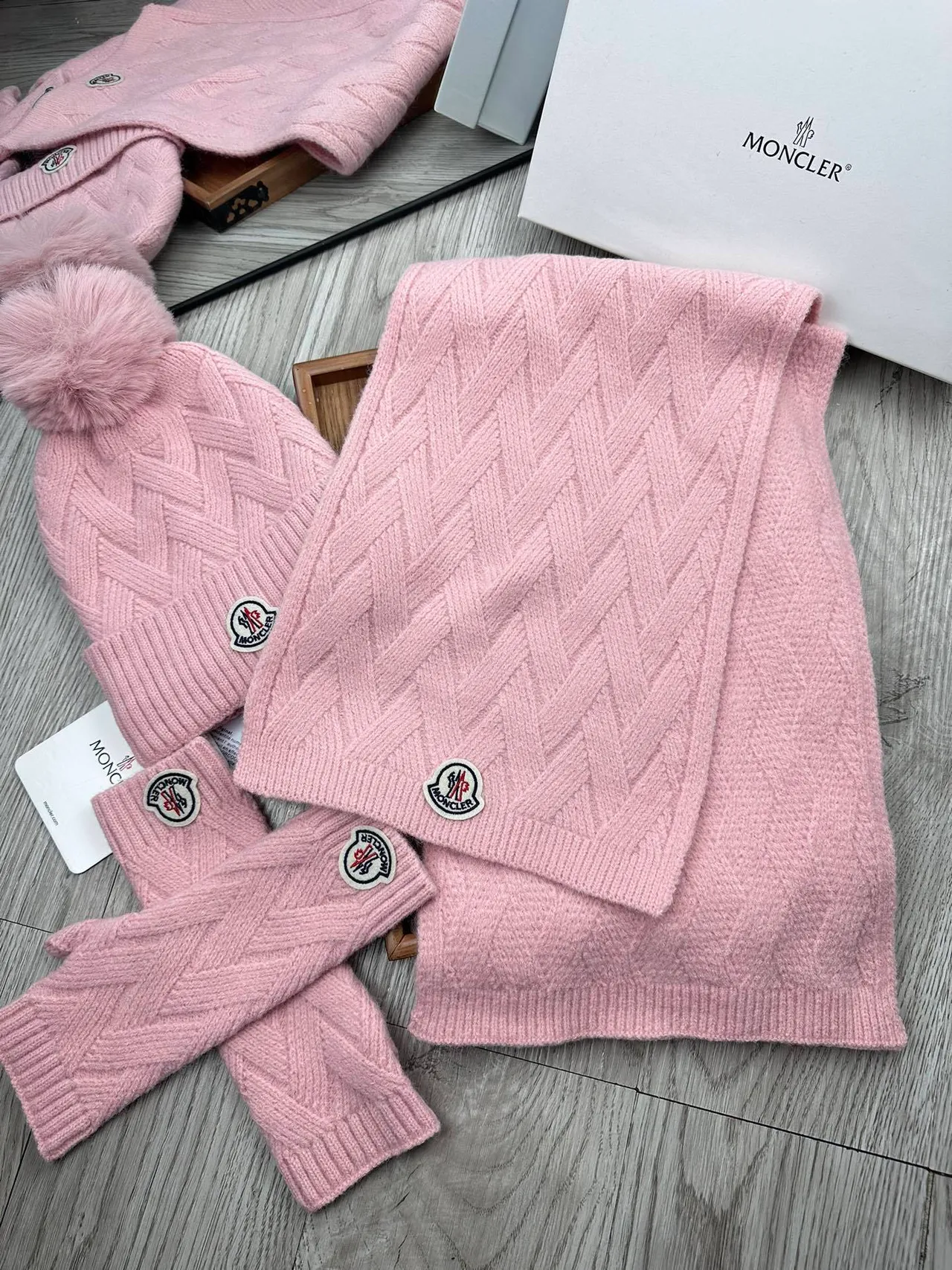 Moncler Pink Cable-Knit Pom-Pom Beanie 6